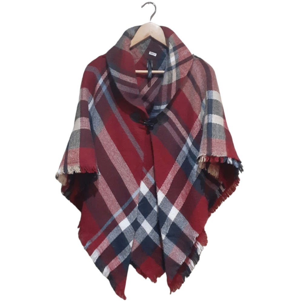 Grace & Lace Women's Blanket / Toggle Poncho Red Plaid One Size
